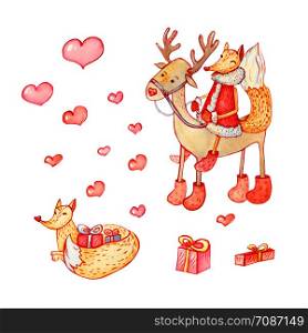Red fox sitting on a reindeer. Christmas characters with boxes tied with a ribbon and isolated hearts of red. Forest animals in warm clothes. Watercolor set for the winter season.. A set of Christmas characters: fox and deer.
