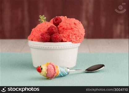 Red fruits ice cream and spoon on table backrground