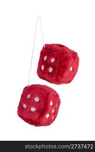 Red fuzzy dice with white dots that are usually hung from the rear view mirror of a car - path included
