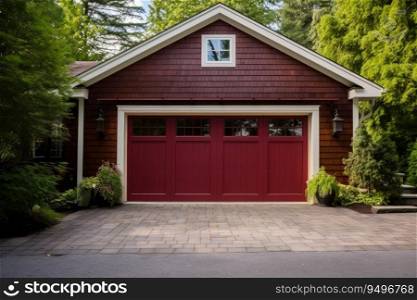 Red garage door with a driveway in front.