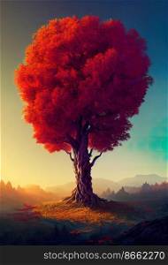 Red giant autumn tree at mountain 3d illustrated