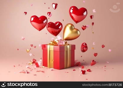 Red gift box. Heart balloon romance. Generate Ai. Red gift box. Heart balloon romance