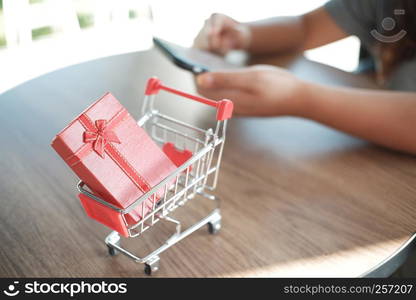 red gift box on shopping cart with women using mobile phone