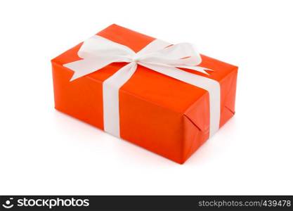 red gift box white ribbon isolated on white background, using for christmas and new year or holiday other.