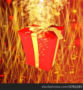 red gift box with golden ribbon on fantastic background with a wave of stars