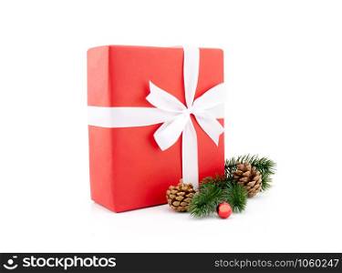 Red gift box with pine and pinecone in season Christmas and new year isolated on white background, group of present for birthday or anniversary with surprise in package for happy, holiday concept.