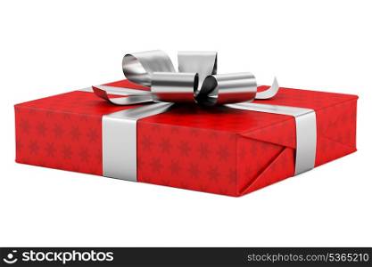red gift box with silver ribbon isolated on white background