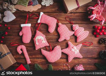 Red gingham toys. Red gingham toys on the table. Christmas greetings