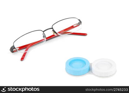 red glasses and eye contact lenses isolated on white background