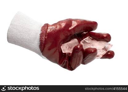 Red glove hold blocks of ice isolated on white background