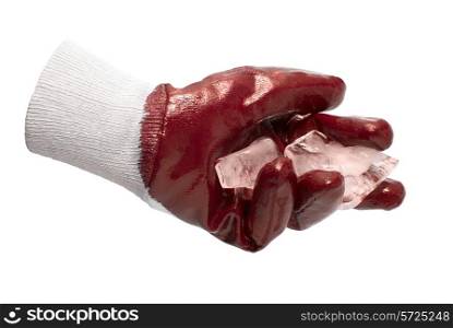 Red glove hold blocks of ice isolated on white background