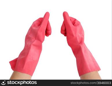 red gloves for cleaning on womans arm show thumbs up