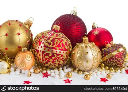 red golden christmas balls decorations border on white background. golden christmas decorations