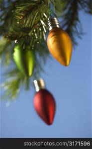 Red, green and orange ornaments hanging on Christmas tree branch against blue background.