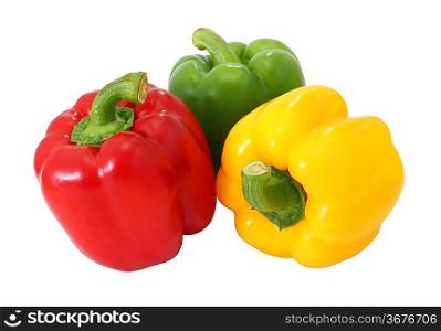 Red green and yellow sweet bell pepper isolated on white background