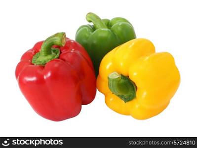 Red green and yellow sweet bell pepper isolated on white background