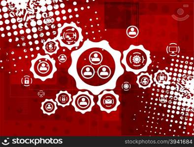 Red grunge hi-tech background. Red grunge hi-tech background with communication icons on gears