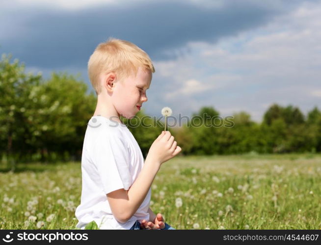 red-hair boy with dandelion in the park