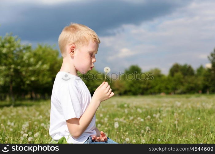 red-hair boy with dandelion in the park