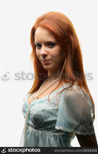 red hair girl in blue night dress
