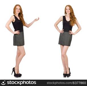 Red hair girl in gray dress isolated on white