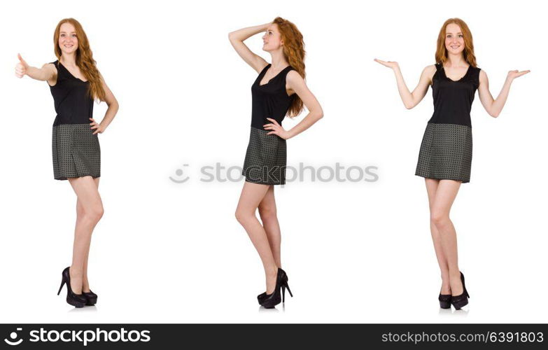 Red hair girl in gray dress isolated on white