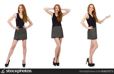 Red hair girl in gray dress isolated on white