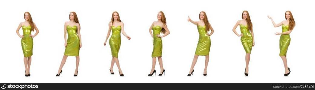 Red hair girl in sparkling green dress isolated on white