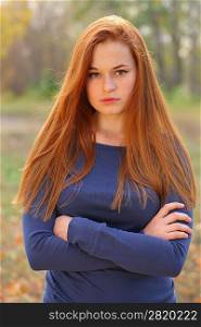 Red Haired Girl Portrait autumn outdoor crossed hands