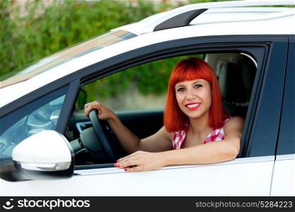 Red haired woman premiering her new car