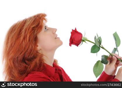 Red-haired woman with a red rose. Isolated on white background