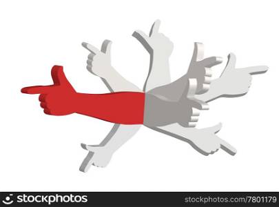 Red hand and seven gray hands pointing in different directions. Solution