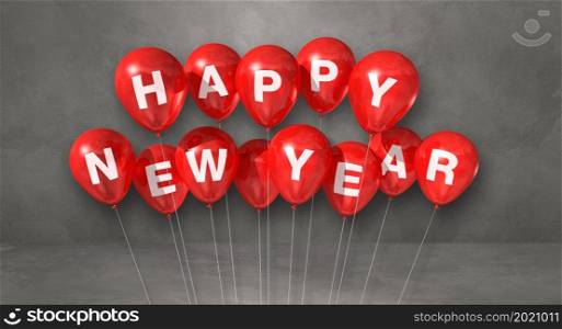 Red happy new year balloons bunch on a grey concrete background. Horizontal banner. 3D illustration render. Red happy new year balloons on a grey concrete background. Horizontal banner
