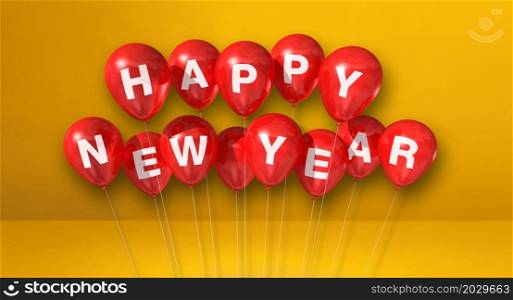 Red happy new year balloons bunch on a yellow concrete background. Horizontal banner. 3D illustration render. Red happy new year balloons on a yellow concrete background. Horizontal banner