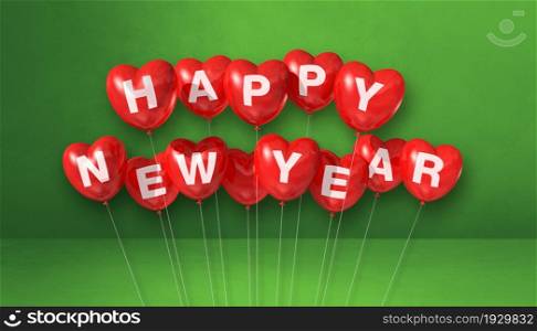 Red happy new year heart shape balloons on a green concrete background. Horizontal banner. 3D illustration render. Red happy new year heart shape balloons on a green concrete background. Horizontal banner