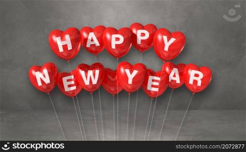 Red happy new year heart shape balloons on a grey concrete background. Horizontal banner. 3D illustration render. Red happy new year heart shape balloons on a grey concrete background. Horizontal banner