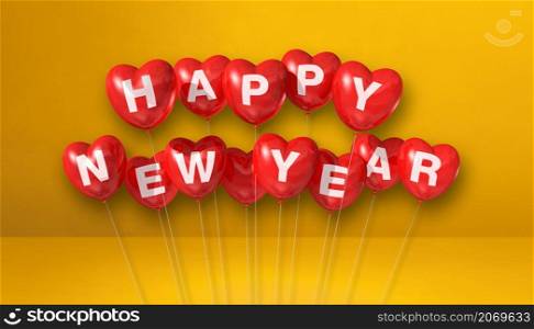 Red happy new year heart shape balloons on a yellow concrete background. Horizontal banner. 3D illustration render. Red happy new year heart shape balloons on a yellow concrete background. Horizontal banner