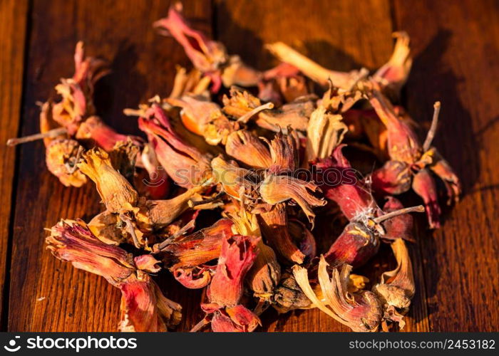 Red hazelnuts on a wooden board. Isolated hazelnuts.