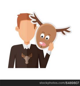 Red-head man character in sweater with deer mask in hand vector. Flat design. Masquerade animal clothing and party costume. Psychological portrait and hidden personality. Isolated on white background. Man with Deer Mask Flat Design Vector Illustration. Man with Deer Mask Flat Design Vector Illustration