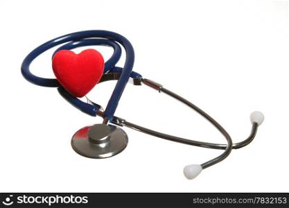 Red heart and a blue stethoscope on white background