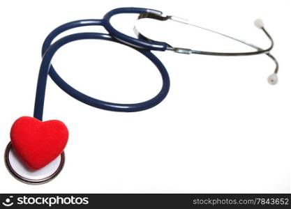 Red heart and a blue stethoscope on white background