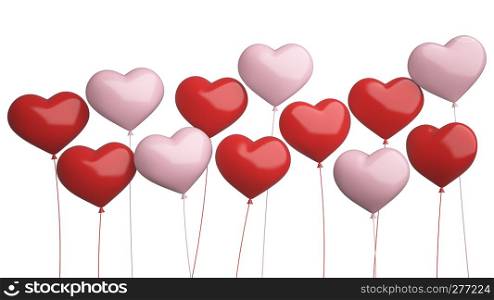 Red heart balloons flying isolated on white background for celebration event and Valentine day, Birthday party, wedding or any holiday. 3d abstract Illustration