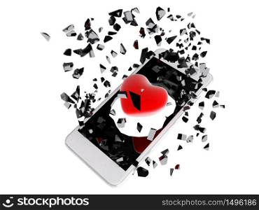 Red heart burst out of the smartphone.