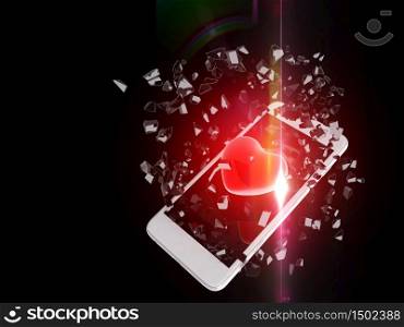 Red heart burst out of the smartphone, lens flare, technology background
