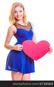 Red heart card. Love symbol. Portrait beautiful woman hold Valentine day symbol. Cute blonde girl in blue dress expressing tender feelings. Isolated studio shot