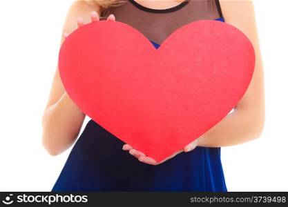Red heart greeting card. Love symbol. Female hand hold Valentine day symbol sign with copy space. Isolated studio shot