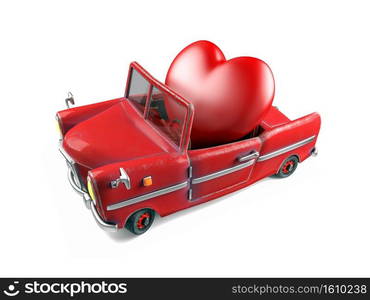 Red heart in cartoon sport car, Valentines Day Theme Concept, 3d rendering