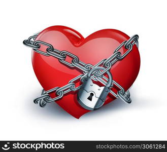 red heart in chains close-up on white background
