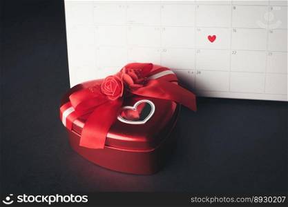 Red Heart in February 14 on the calendar with Heart shaped gift box, Valentine’s day concept.