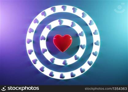 Red heart in the middle of blue hearts on blue background top view. Valentine concnept 3D Render.